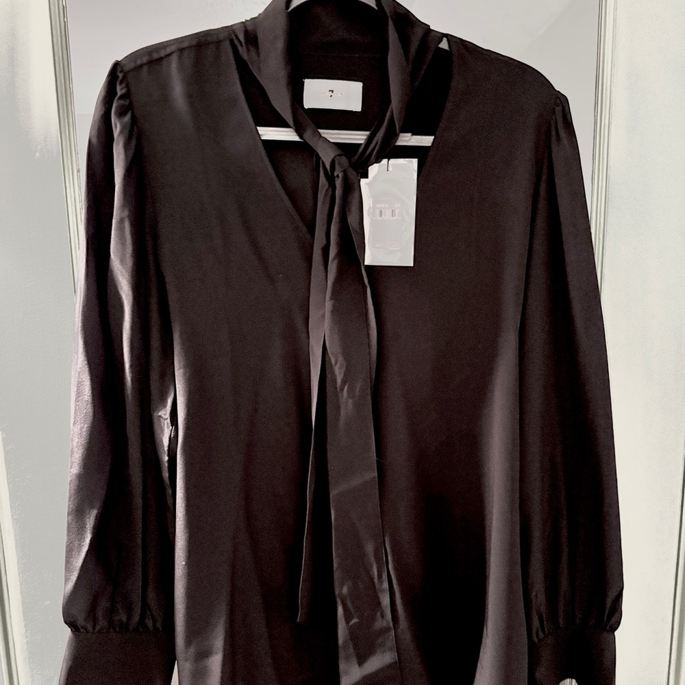 7 For All Mankind Black Blouse with Tie Neck NWT